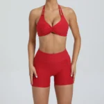 2 Pieces Sports Set Yoga Fitness Waist High Pockets for Raising Hip Shorts Backless Bra Suits Training Leggings Set for Women