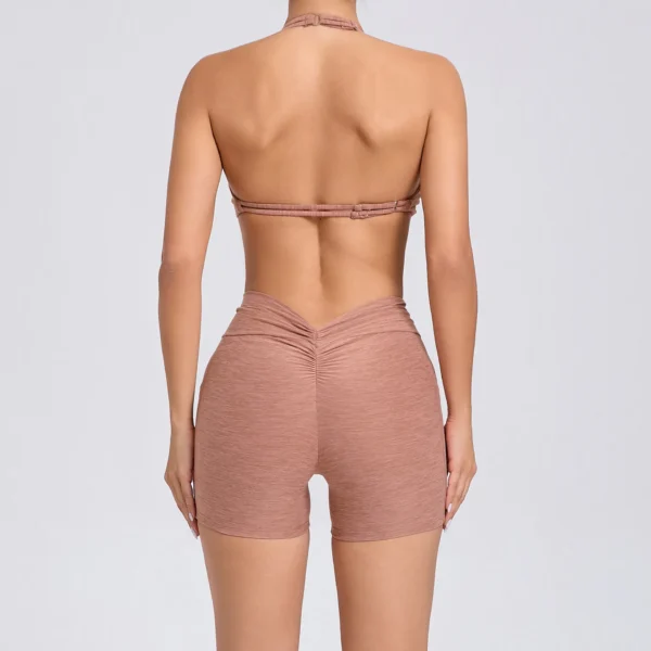 2 Pieces Sports Set Yoga Fitness Waist High Pockets for Raising Hip Shorts Backless Bra Suits Training Leggings Set for Women