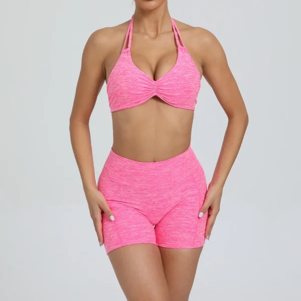 2 Pieces Sports Set Yoga Fitness Waist High Pockets for Raising Hip Shorts Backless Bra Suits Training Leggings Set for Women